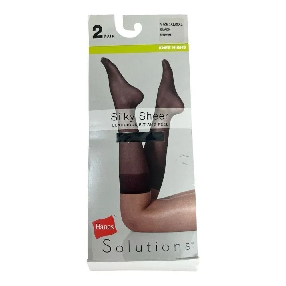 Hanes Solutions 2 Pair Black Silky Sheer Knee Highs Hosiery Size XL-XXL